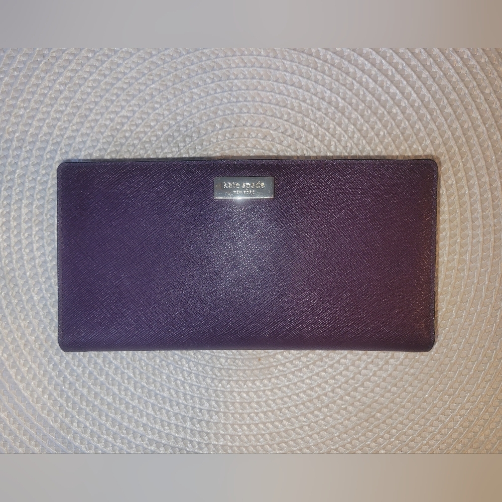 Kate Spade Plum Saffiano Leather Continental Wallet with Logo Plaque EUC